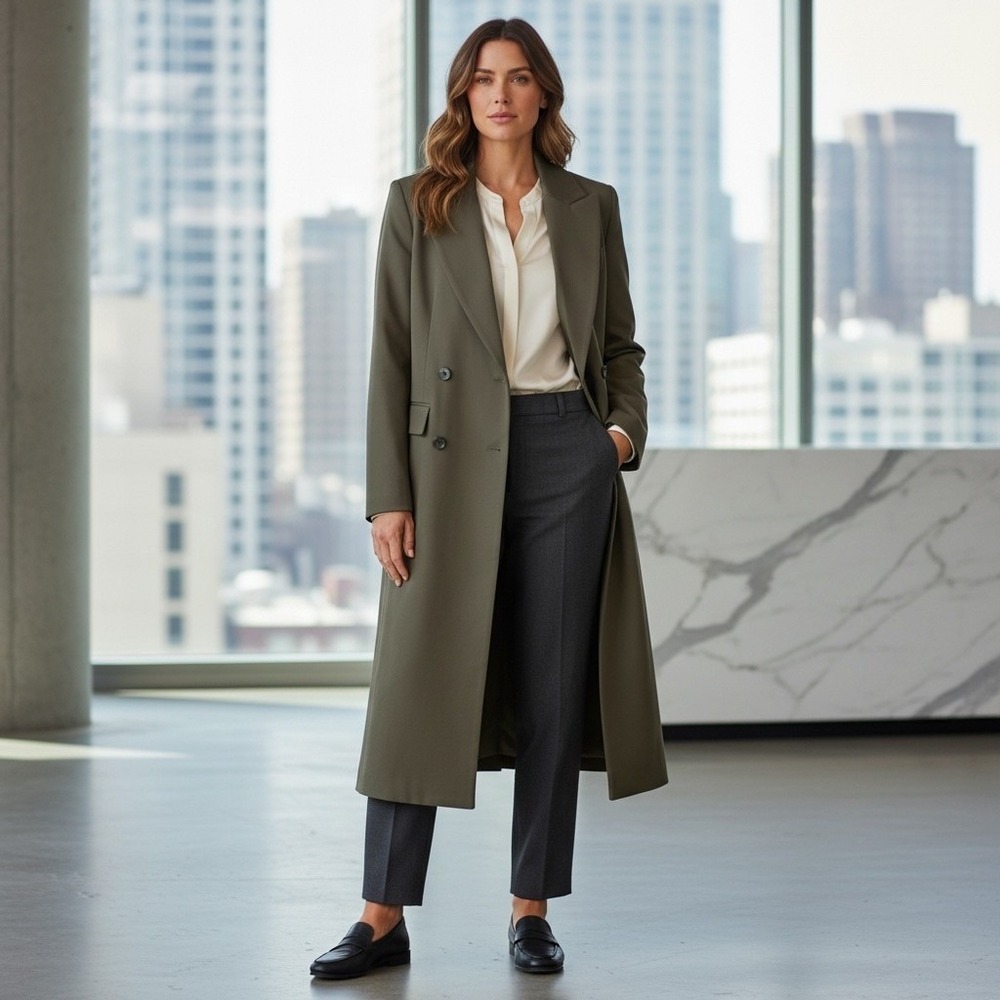 Avec Les Filles Trench Coat Olive Green Double Breasted Longline Old Money XS